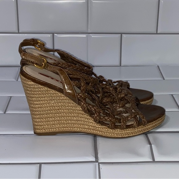 PRADA Sandals Wedge Platform Brown Leather Ankle-Strap Woven Women’s Size 37 7 - Picture 4 of 9